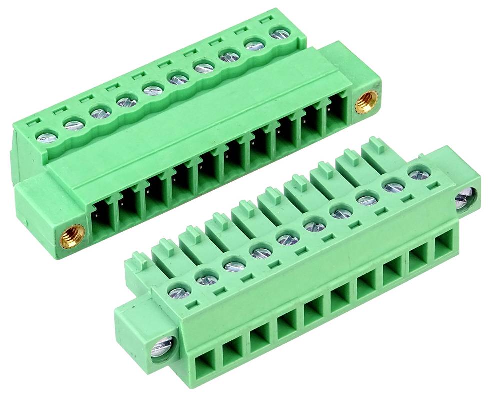 Två gröna modulära klämmblock med skruvterminaler, visade på en vit bakgrund.