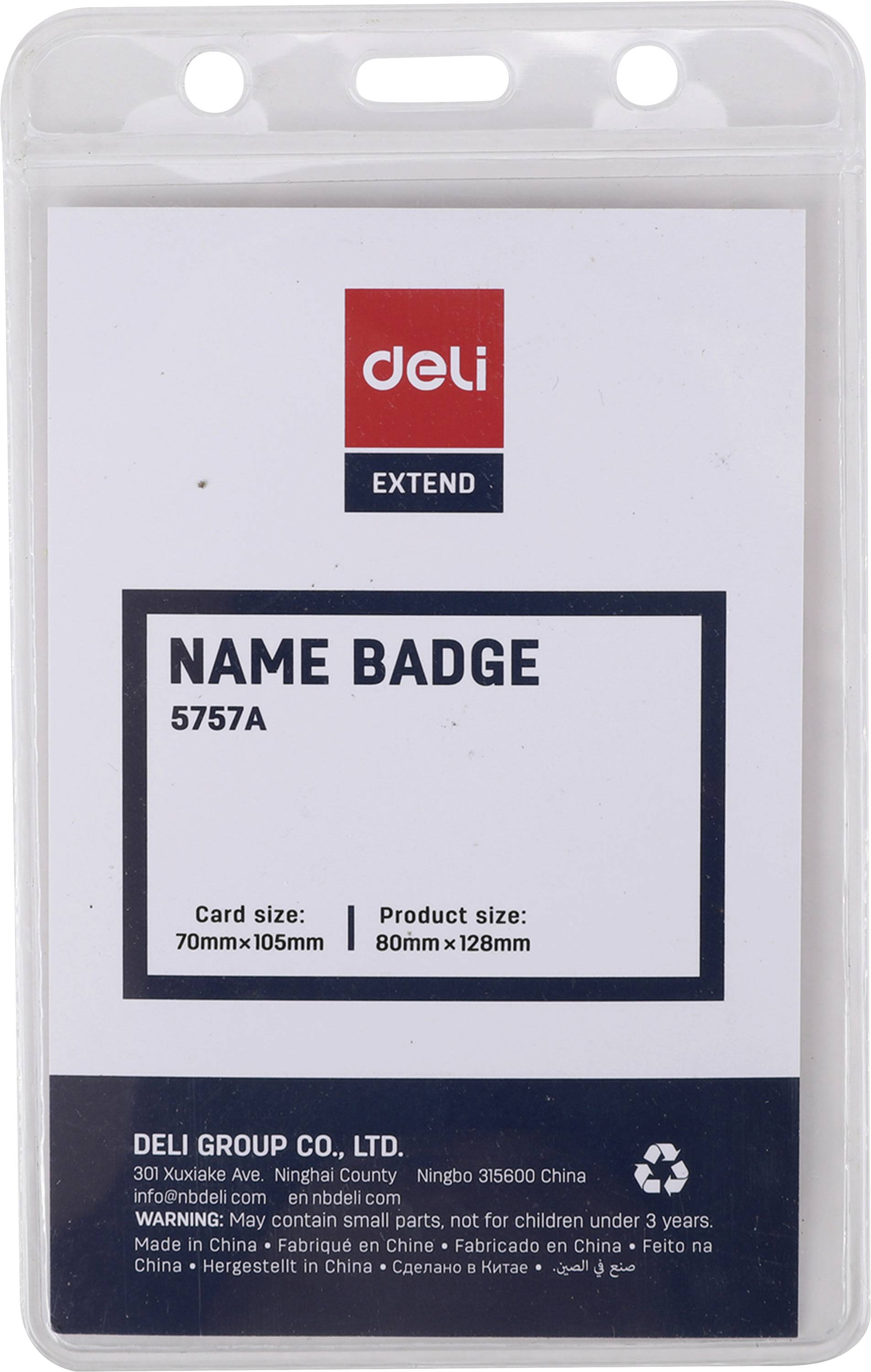 Plastiknamnskylthållare förpackning märkt "deli EXTEND" och "NAME BADGE 5757A", visar kortstorlek 70mm x 105mm och produktstorlek 80mm x 128mm.