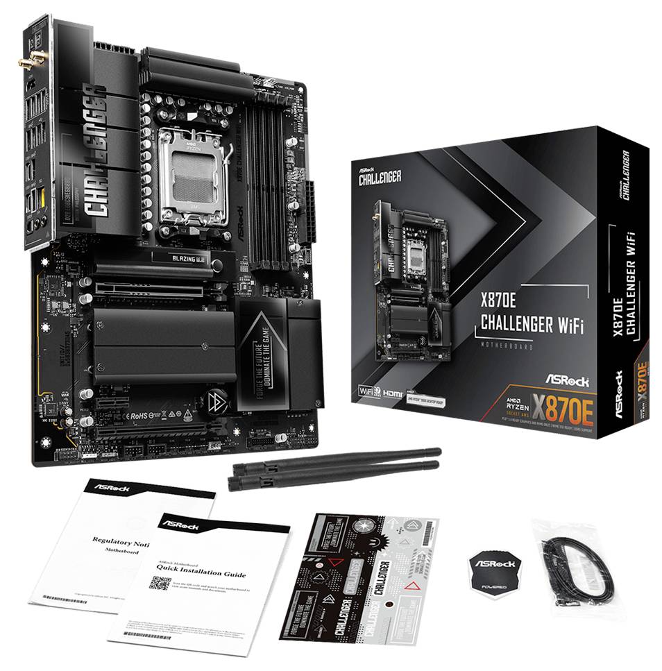 ASRock X870E Challenger WiFi-moderkort visas med återförsäljarlåda och medföljande tillbehör, inklusive manualer, klistermärken och kablar.