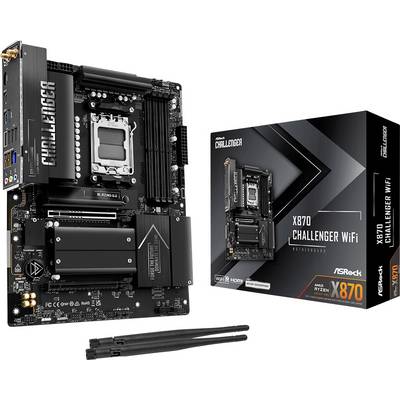 ASRock X870 Challenger WiFi-moderkort visas framifrån bredvid dess butikslåda, med två Wi-Fi-antenner nedanför.