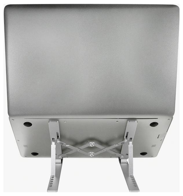 Undersida av en bärbar dator på ett vikbart metallstativ, som visar gängmekanismen och upphöjda ventilationsöppningar.