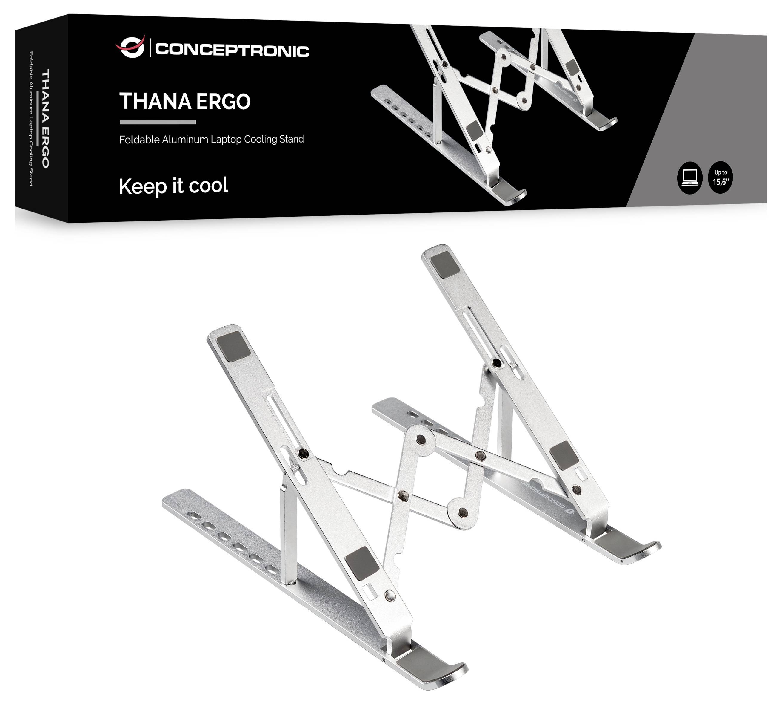 Conceptronic 'THANA ERGO' vikbar aluminiumkylning för bärbar dator, visad öppen med justerbara ben och stöd för bärbar dator.