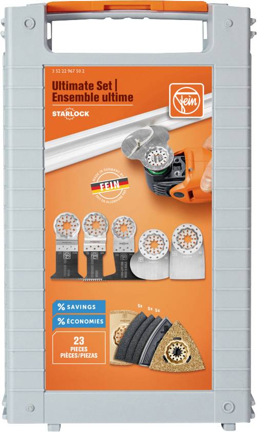 Grå bärväska med orange etikett för Fein Starlock Ultimate Set, visar oscillerande verktygsåtkomster och innehål med 23 delar.