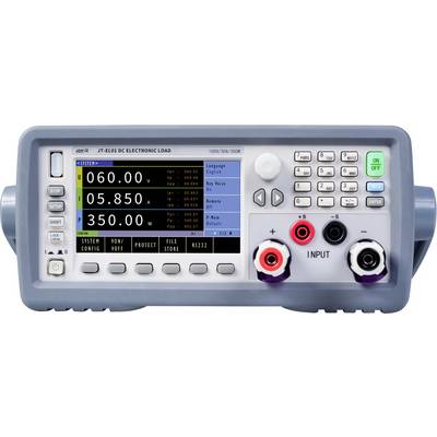 Frontpanel för en JF-E01 DC elektronisk belastning med digital display, kontrolknappar, knappsats och röda/svarta ingångsterminaler.
