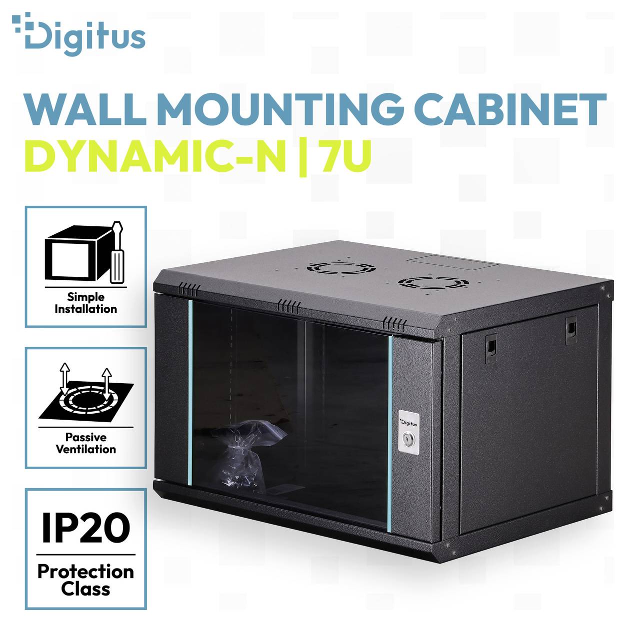 Digitus väggmonterad skåp Dynamic-N 7U med gladdörr, vilket visar enkel installation, passiv ventilation och IP20-skyddsklass.