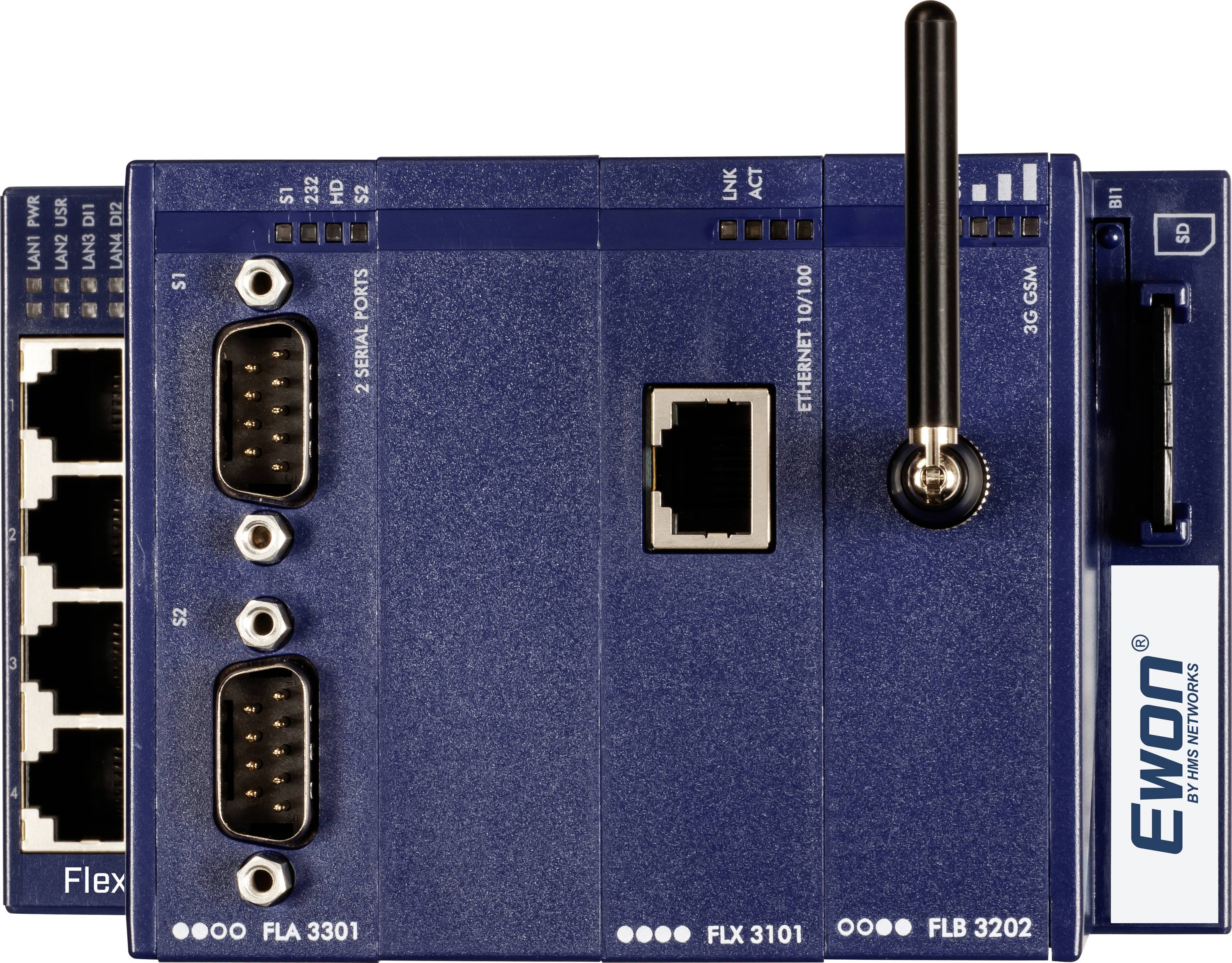 Modulär blå industriell kommunikationsenhet med Ethernetport, två serieportar och 3G-antenn på vit bakgrund.