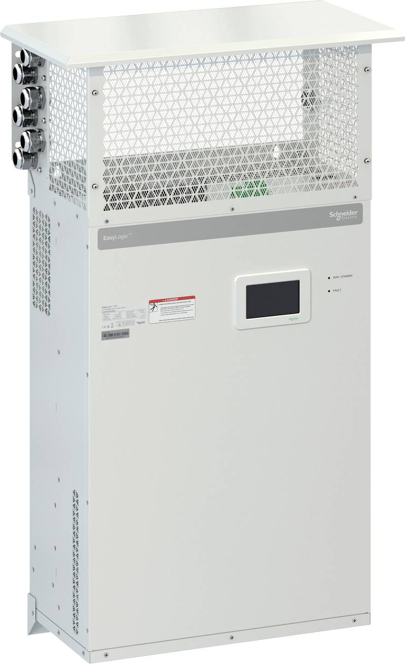 Vit Schneider Electric industriell elskåp med ventilationsgaller, sidokontakter och liten frontdisplay.