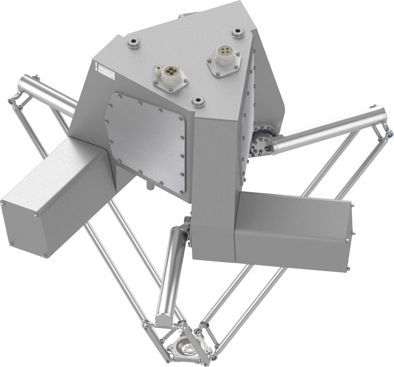 3D-rendering av en grå, kubisk mekanisk robot med flera rörformiga ben och armar, presenterad isolerad på en vit bakgrund.