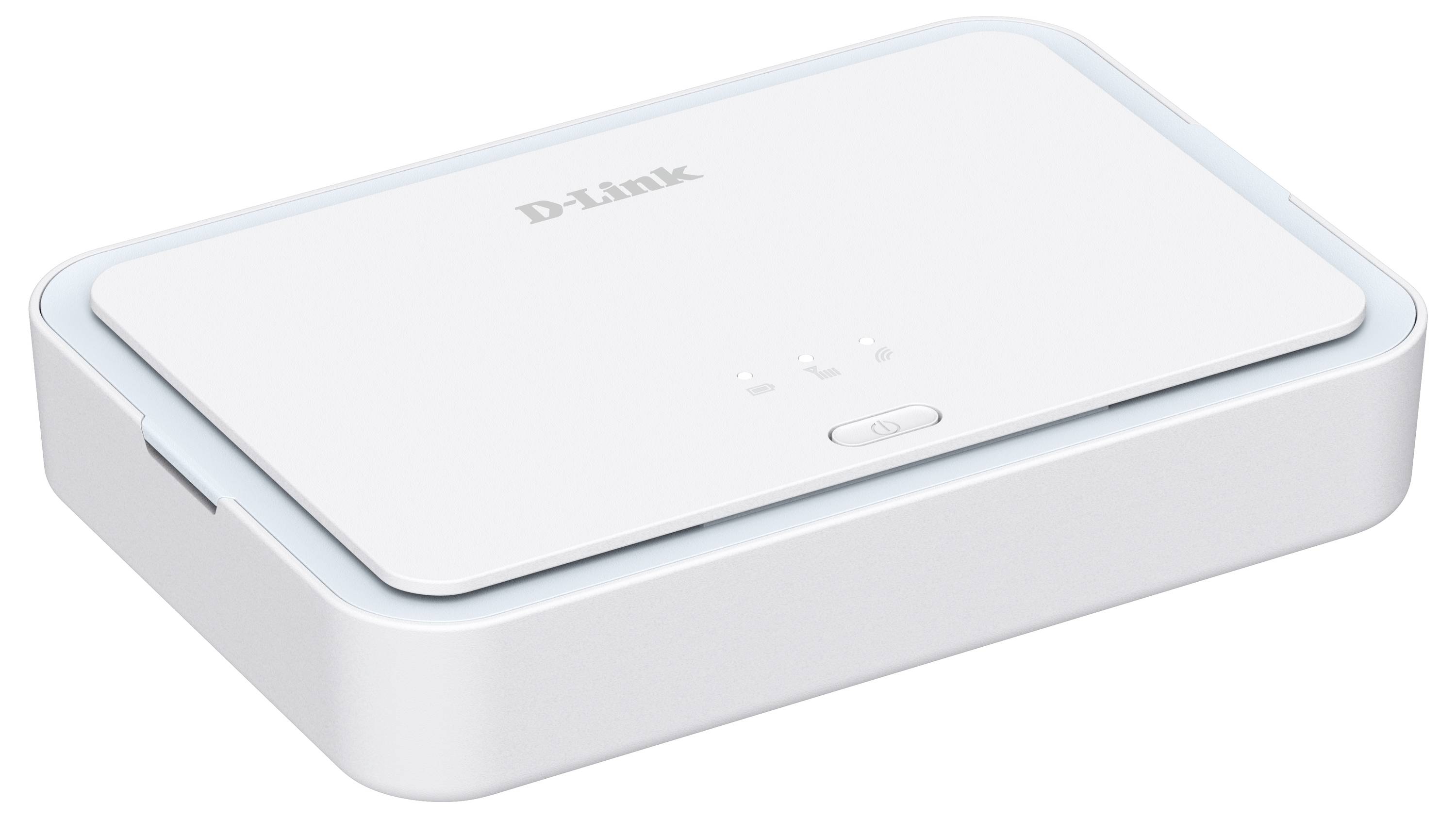 Vit D-Link nätverksenhet eller router med en enda främre knapp och indikatorer, visad i en produktstilsad vinkelvy.