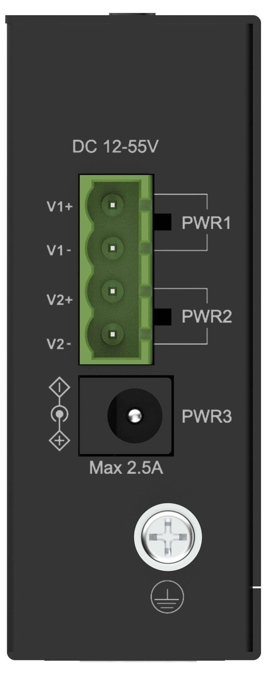 Diagram över en strömmatningsmodul med terminalblock märkta DC 12-55V, V1+, V1-, V2+, V2-, PWR1, PWR2, PWR3, max 2,5A och jord.