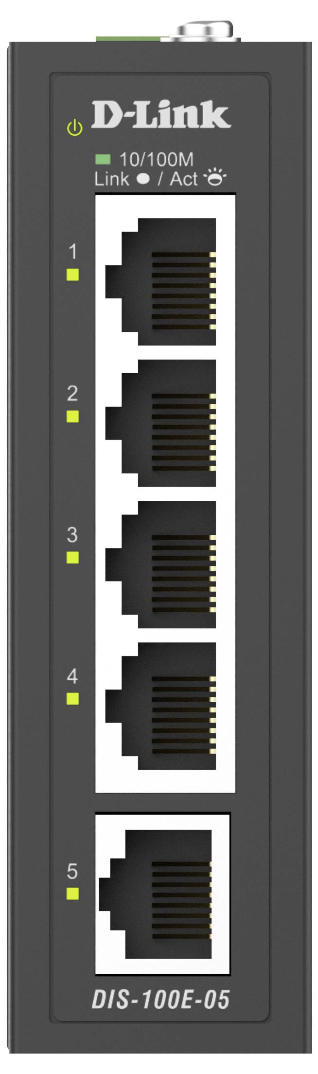 Frontvy av en D-Link DIS-100E-05 industriell Ethernet-switch med fem numrerade RJ45-portar och länk-/aktivitets-LED:er.