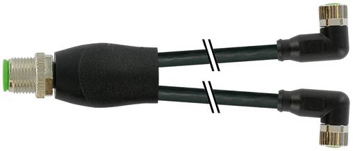 Koaxialkabel med en svart Y-formad splitter, en gängad anslutning på vänster sida och två vinklade anslutningar på höger sida.