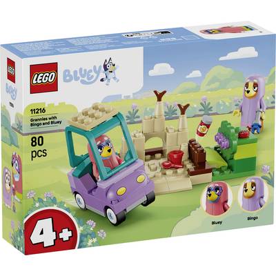 LEGO Bluey-set 11216, "Mormödrar med Bingo och Bluey," 80 bitar, 4+; lådan visar en lila bil med Bingo, Bluey och picknicktillbehör.