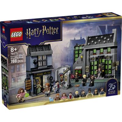 LEGO Harry Potter Knockturn Alley trollkarl-affärer set, ålder 8+, 76477, 788 bitar, med minifigurer visade på lådan.