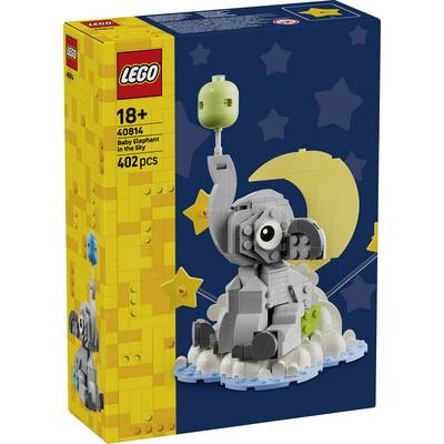 LEGO-låda för "Baby Elephants in the Sky"-set 40814, ålder 18+, 402 bitar, visar en grå babyelefant som sitter på moln med en ballongliknande stjälk mot en natthimmel.