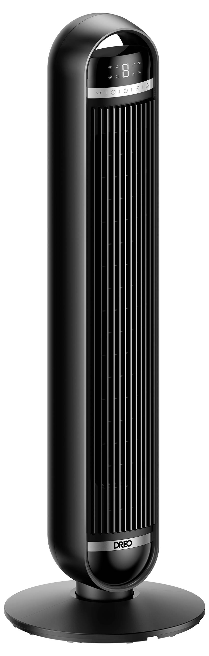 Svart fristående tornfläkt eller luftrenare med digital display, vertikala ventilöppningar och rund bas på vit bakgrund.