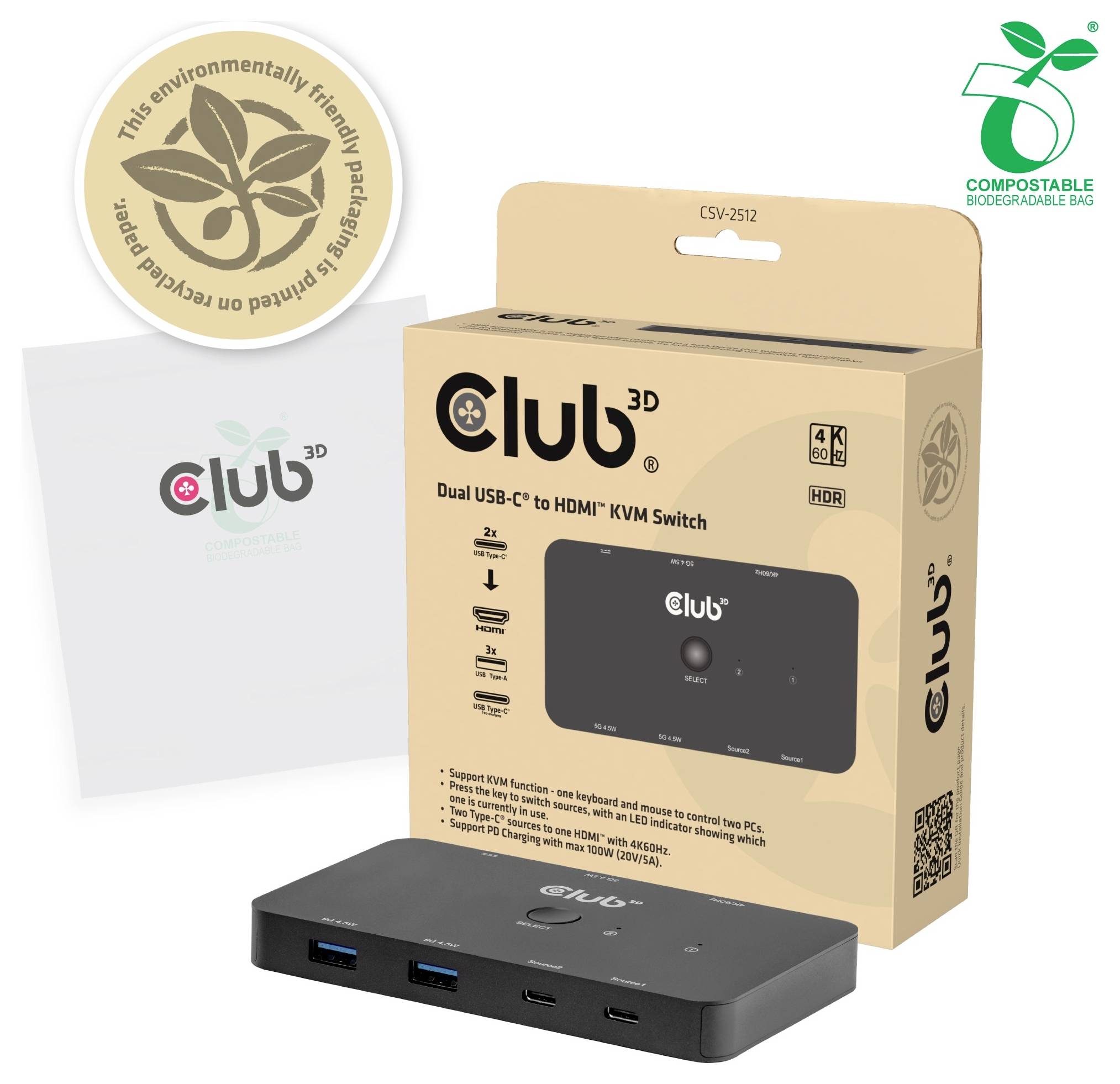 Produktförpackning och enhet för Club 3D Dual USB-C till HDMI KVM-switch, visad med switchen, lådan, manualen och eco-vänliga förpackningsmärken.