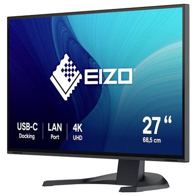 EIZO 27-tums 4K UHD-skärm med USB-C-dockningsstation och LAN-port, visad på ett stativ med produktmärkning och skärmstorlek.