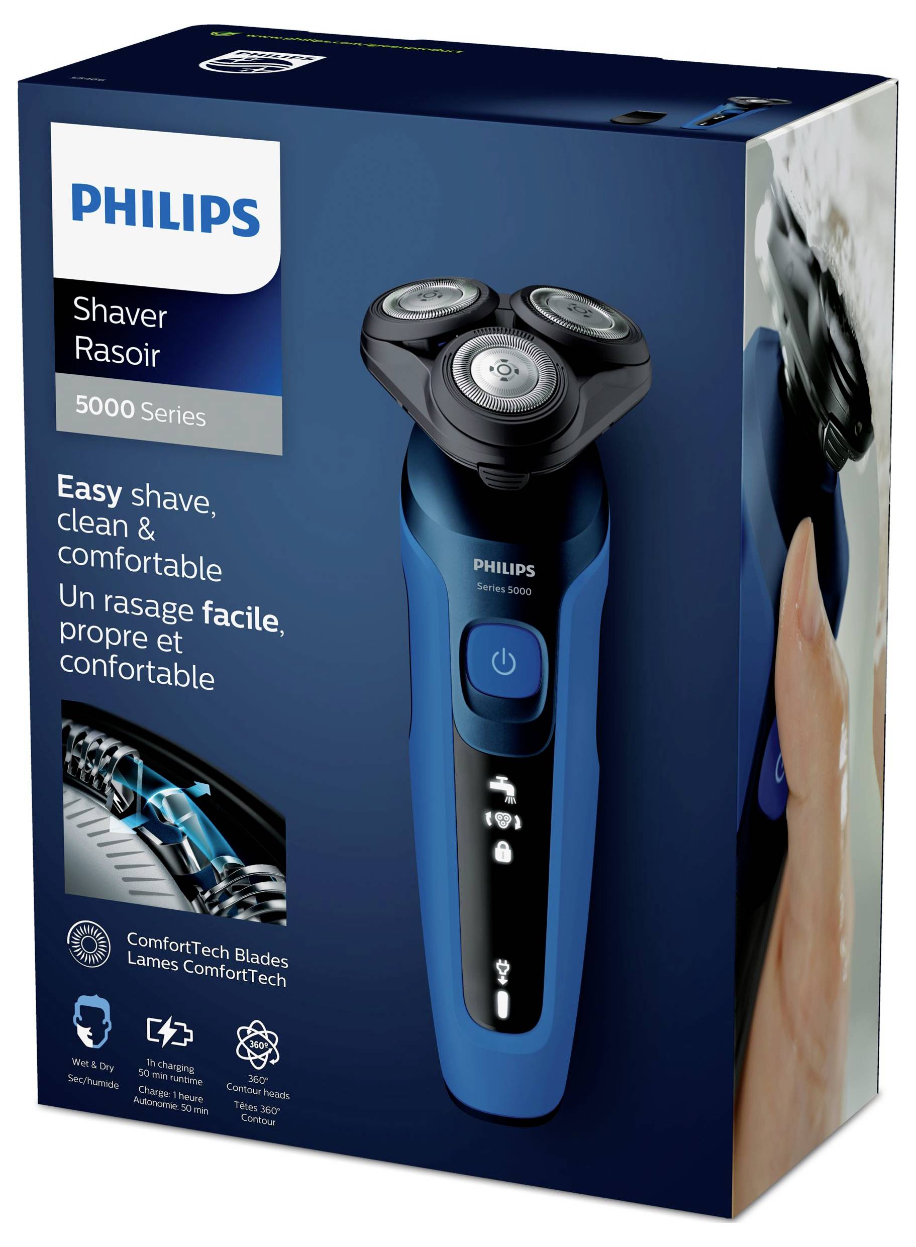 Philips Barberskärare 5000-serien elektrisk barberskärare, visar den blå roterande rakbladet och texten "Enkel rakning, ren och bekväm".