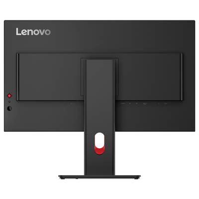 Sidovy av en svart platt skärmmonitor på ett stativ, som visar skärmens lutning och bakre ventilerad panel.