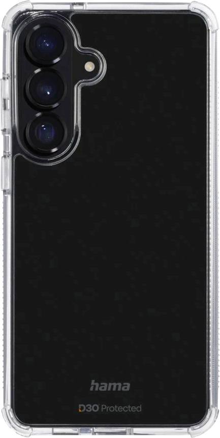 Svart smartphone-skal med transparent stötfångare och tre urklippningar för bakkamera, märkt "hama 360 Protected" nära botten.
