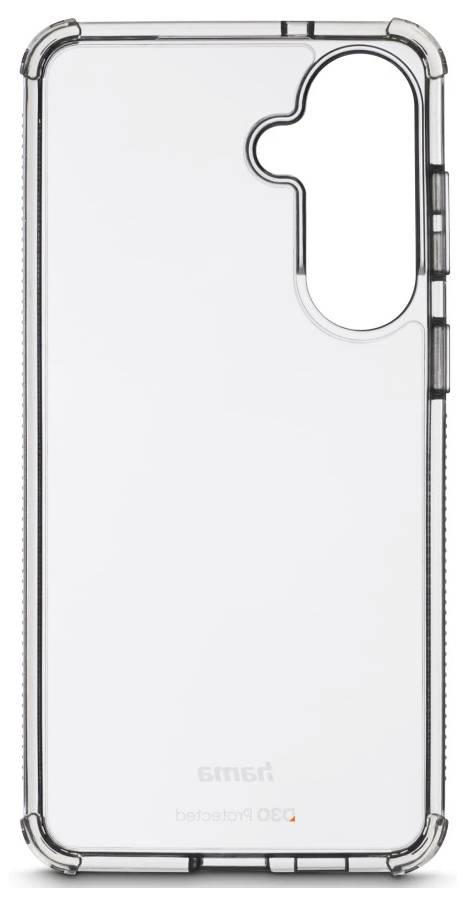 Transparent telefonfodral med upphöjda kanthöjningar och en stor kamera-utskärning på baksidan, visad mot en vit bakgrund.
