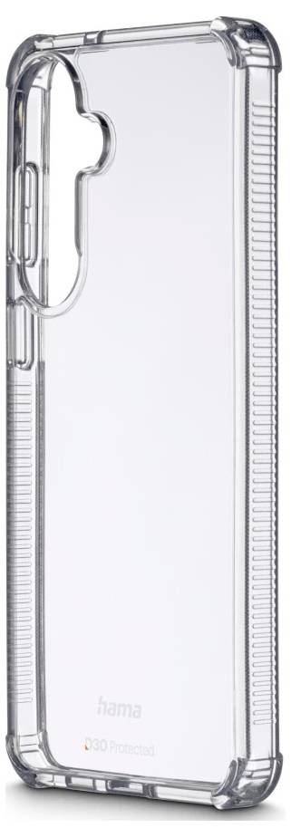 Genomskinlig skyddande telefonskyddsskal med upphöjda kanter och sidogrepp, visad i en transparent vy på vit bakgrund.