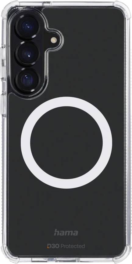 Svart smartphonefodral med klara kanter och stor vit cirkulär MagSafe-liknande ring, som visar trippel kameraöppning och Hama-varumärke
