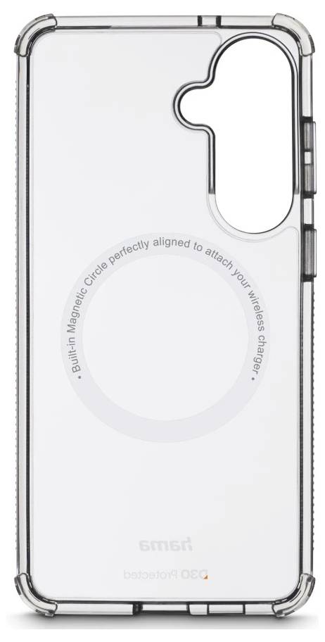 Transparent skyddande telefonetui med inbyggd MagSafe-ring och upphöjd kameraöppning, visad på en vit bakgrund.