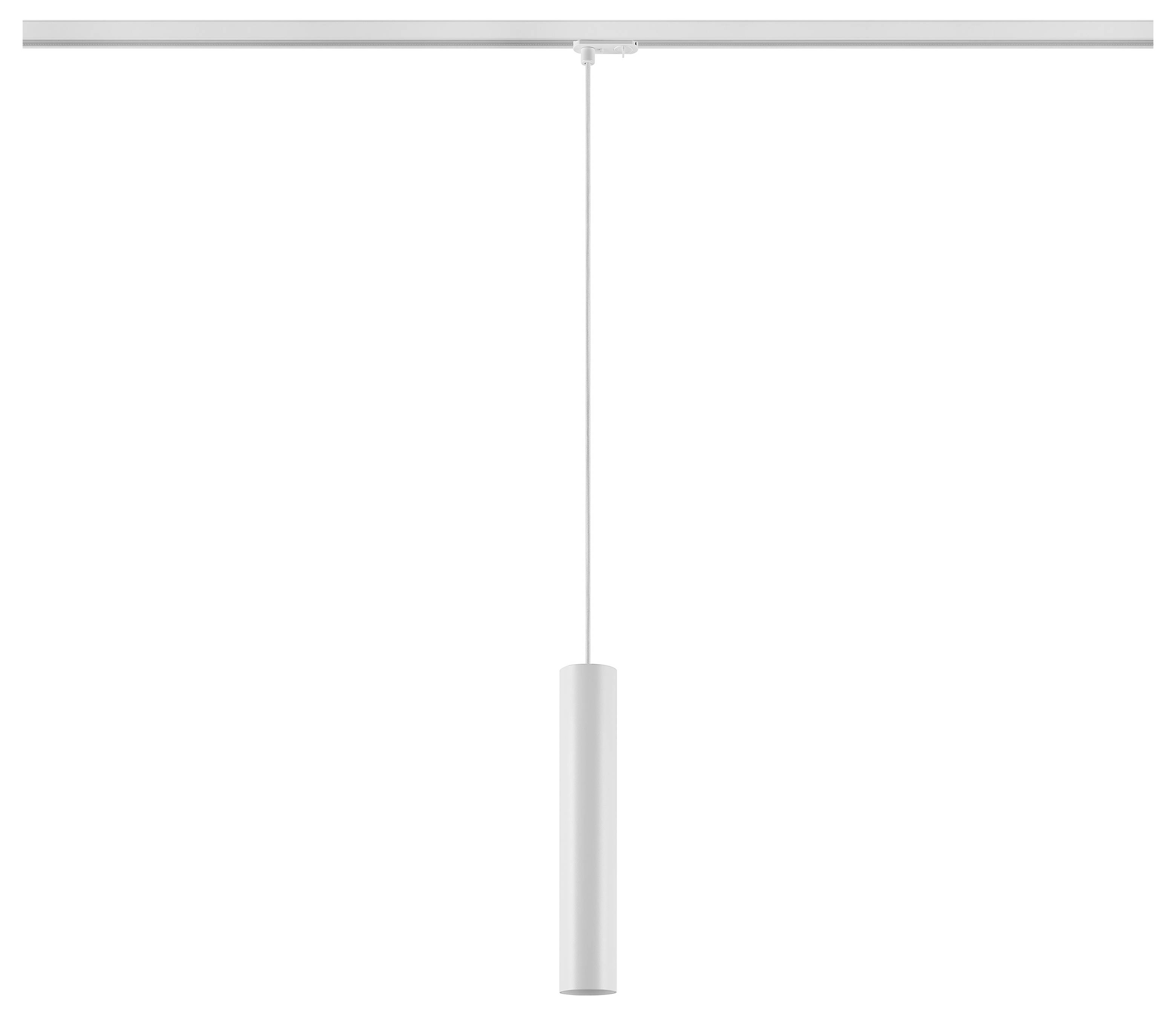 En minimalistisk hänglampa med ett långt cylindriskt silverfärgat fäste som hänger från en tunn sladd mot en vit bakgrund.