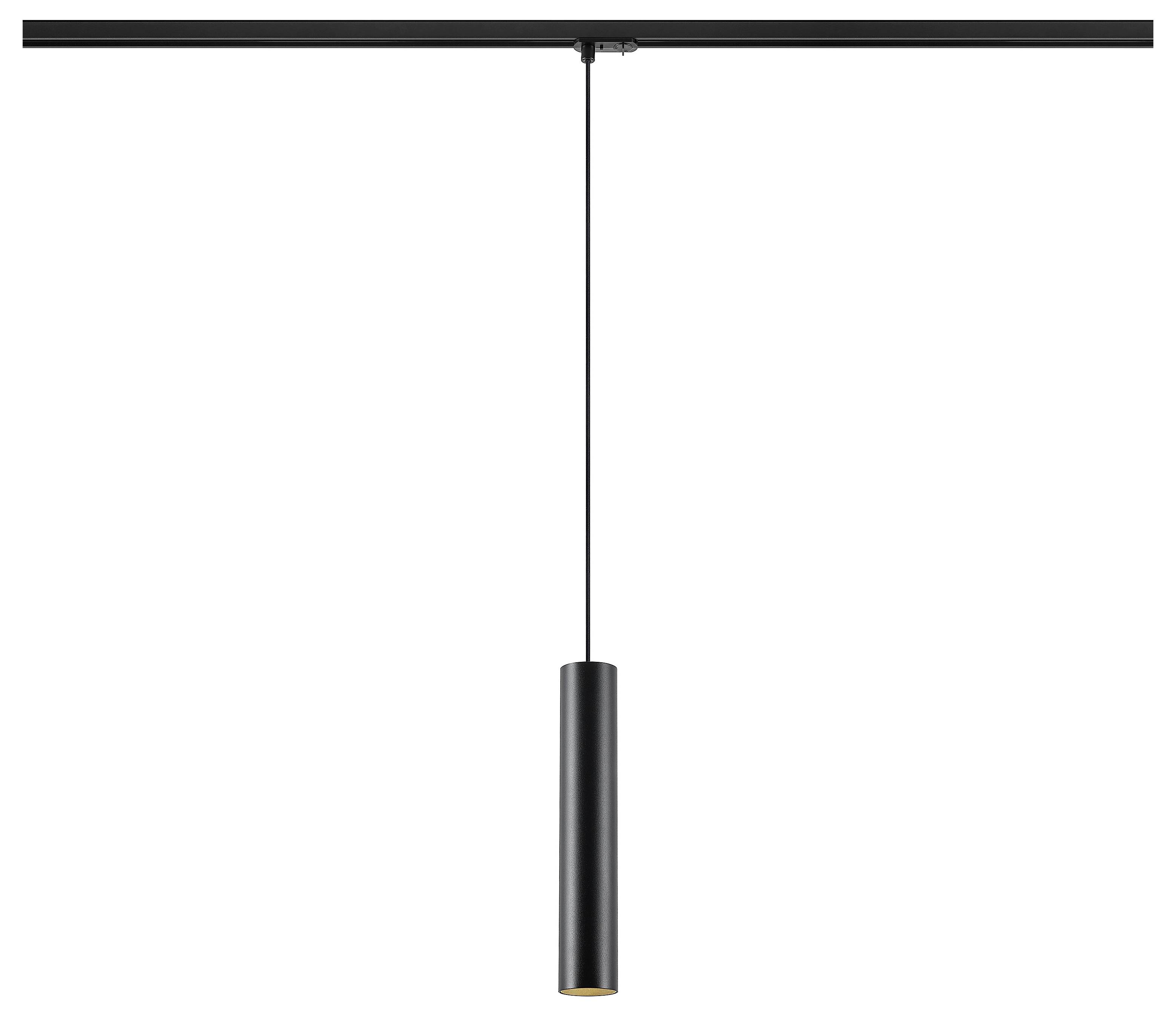 Minimalistisk svart hängande pendellampa som hänger från ett taktransportsystem på en vit bakgrund.