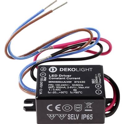 Svart DEKOLIGHT LED-drivrutin för konstant ström med flerfärgade ledningar och tryckt elektrisk specifikation.
