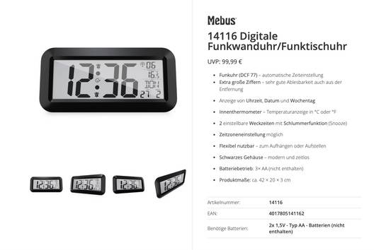 Mebus 14116 DCF Radioklocka  42 cm x 20 cm x 3 cm Svart Stor display