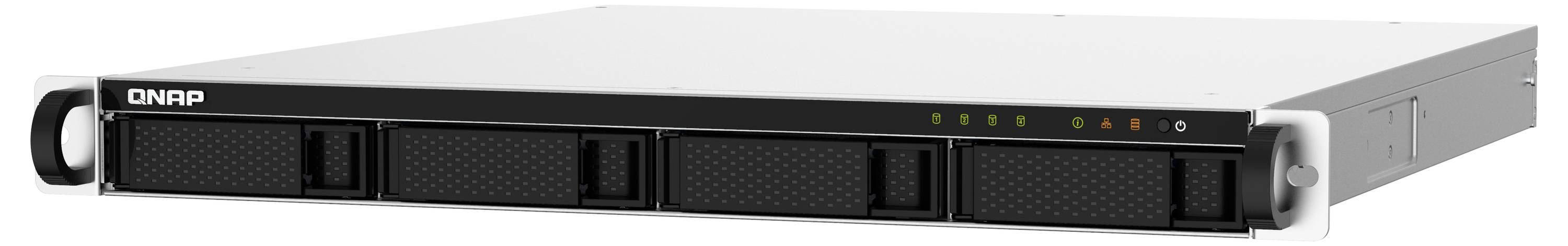 Frontvy av en QNAP rackmonterad lagringsserver med svart frontpanel, flera diskenheter och statusindikatorlampor.