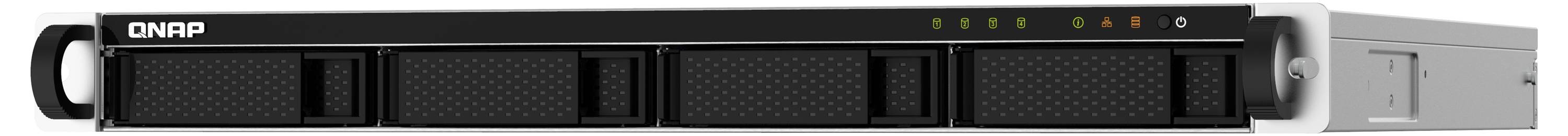 Frontvyn av en QNAP-monterad lagringserver med flera hot-swap-enhetsbehållare och statuslampor.