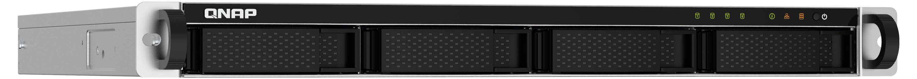 QNAP rackmonterad lagringserver frontpanel med dubbla hårddiskplatser, statuslampor och handtag på vit bakgrund