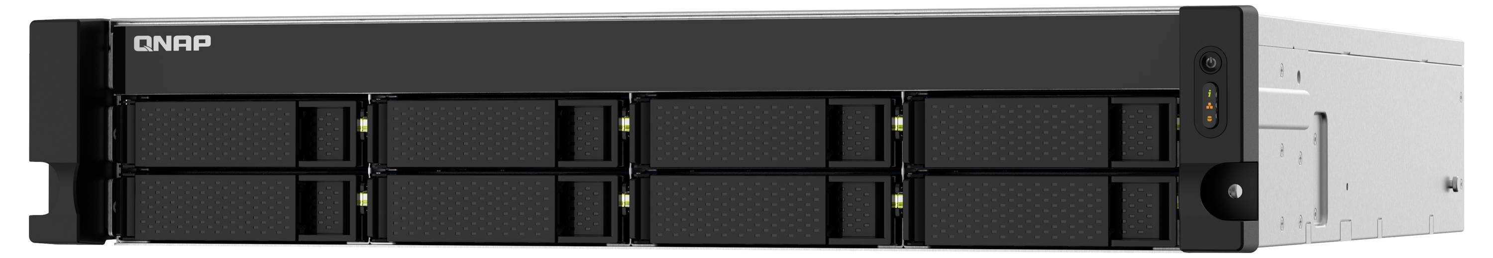 Frontvvy av en rackmonteringslager-server med flera hot-swappable hårddiskenheter öppna, vilket visar flera hårddiskar.