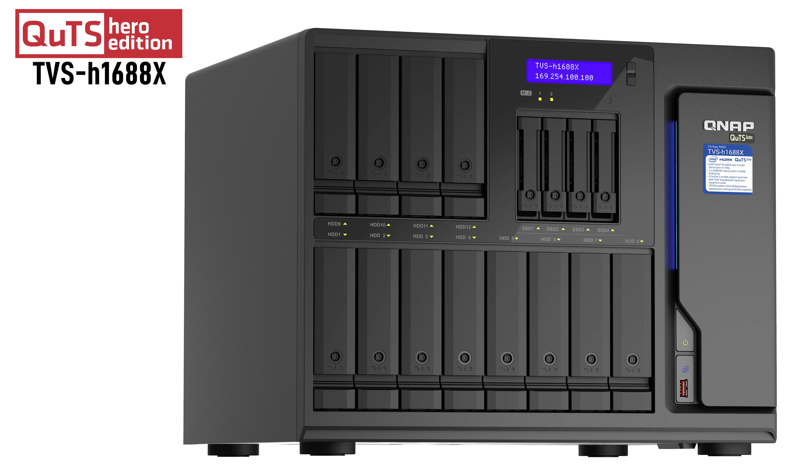 QNAP QuTS hero edition TVS-h1688X NAS-lagringsserver visad framifrån med flera enhetsfack och statusdisplay.