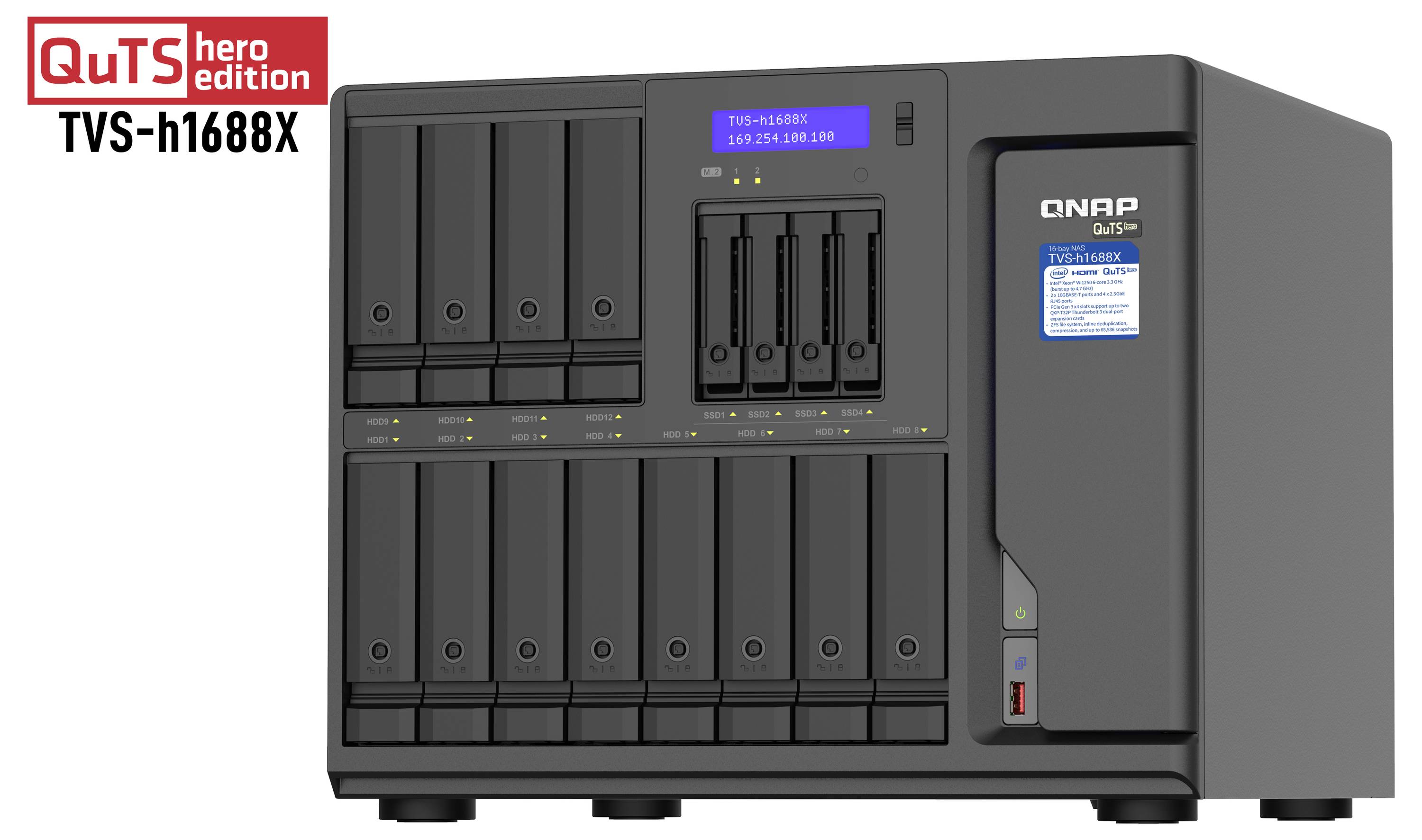 QNAP TVS-h1688X QuTS hero edition NAS med flera främre enhetsplatser och en liten statusskärm, visad i en produktöversikt.