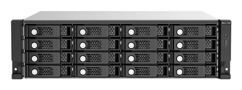 Frontvy av en rackmonterbar lagringsserver med flera hot-swap-diskenheter och statuslampor.