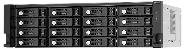 Frontvy av en 4U-rackmonteringslagringserver med flera utbytbara diskenheter och statuslysdioder, visad i ett sidperspektiv.