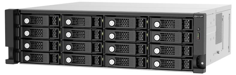 Frontvy av ett rackmonterrat serverchassi med flera utbytbara hårddiskplatser och statusindikatorer i ett svart hölje.