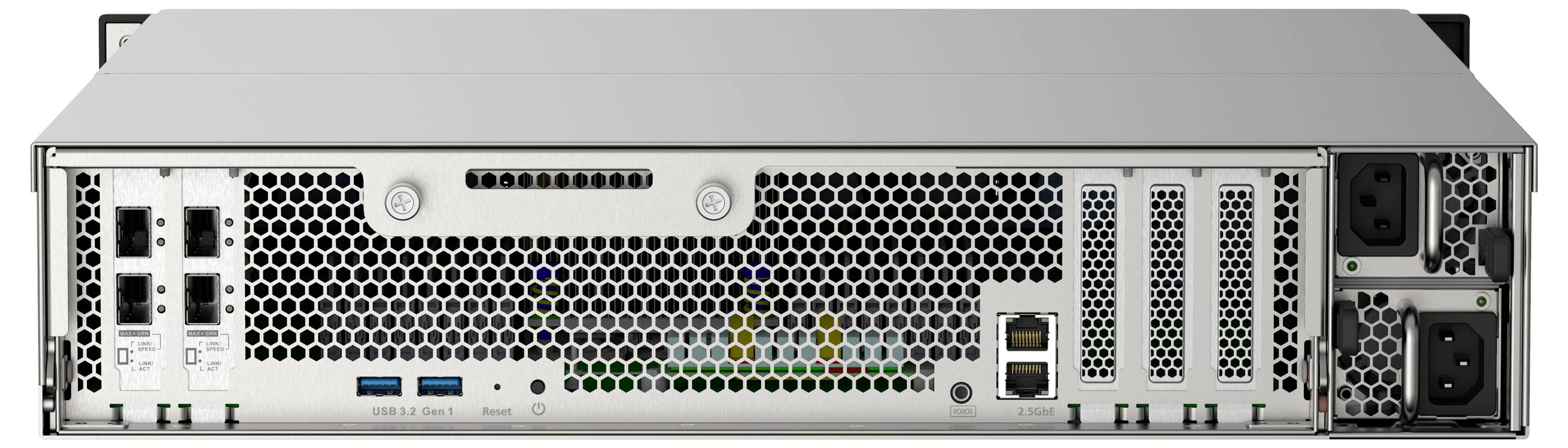 Bakvy av en rackuppsatt server med strömförsörjning, kylningsöppningar, USB-portar, Ethernet-portar och expansionsplatser.