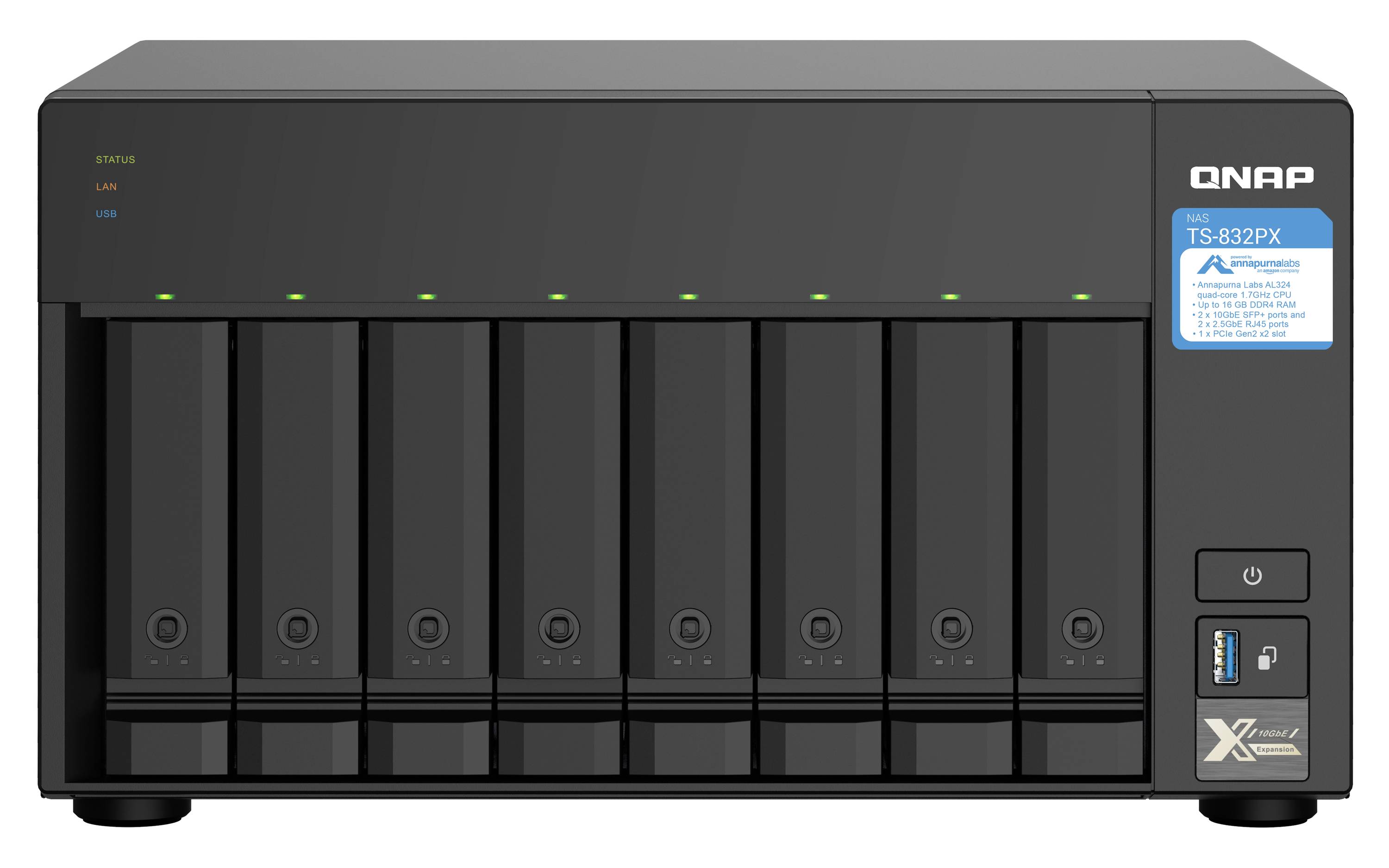 Frontvy av en QNAP TS-832PX 8-fack NAS-lagringsenhet med enhetsplatser, statuslysdioder och strömknapp.