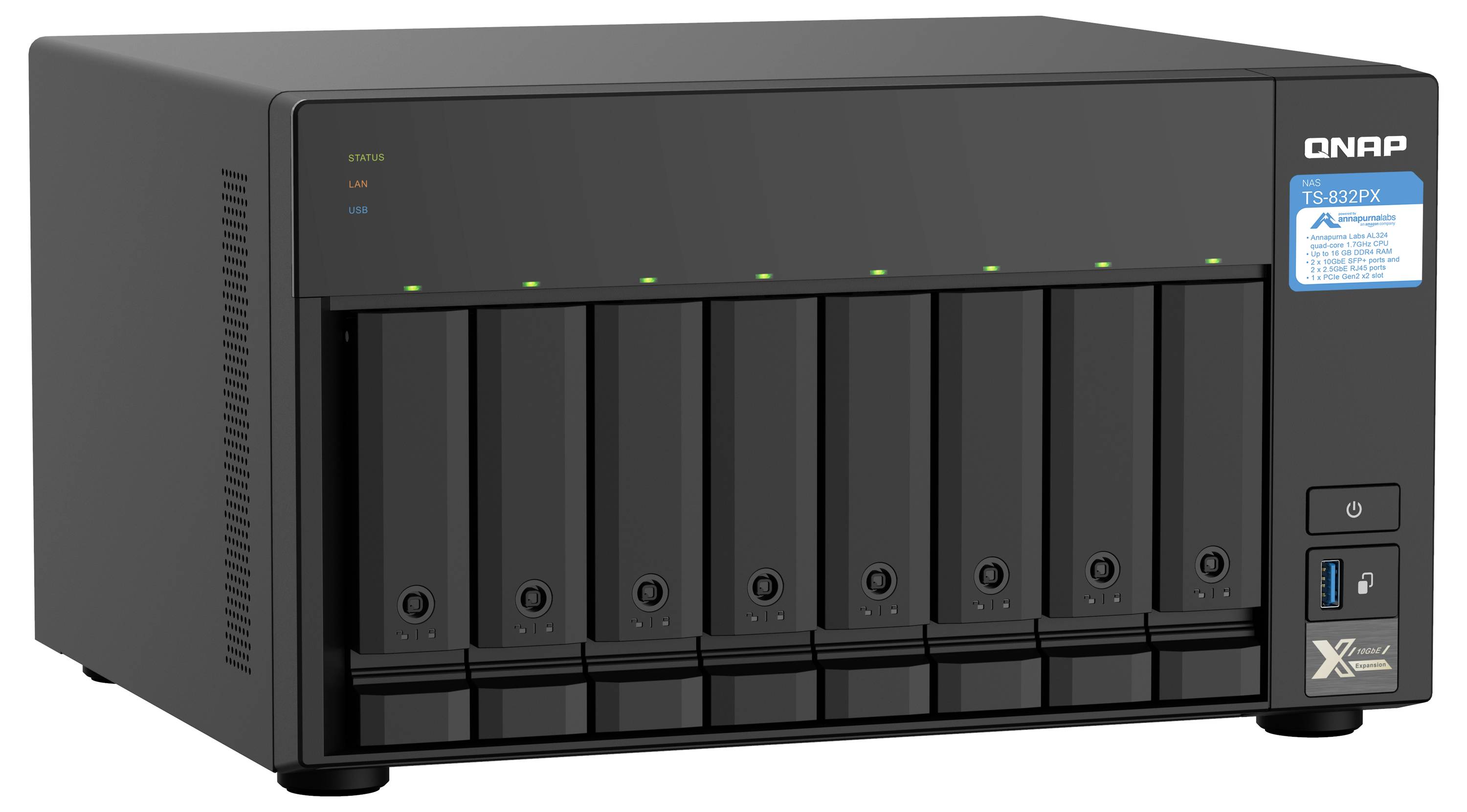 QNAP TS-832PX 8-fack NAS-hölje med framre hårddiskplatser, statuslampor och ström-/USB-portar på höger sida.