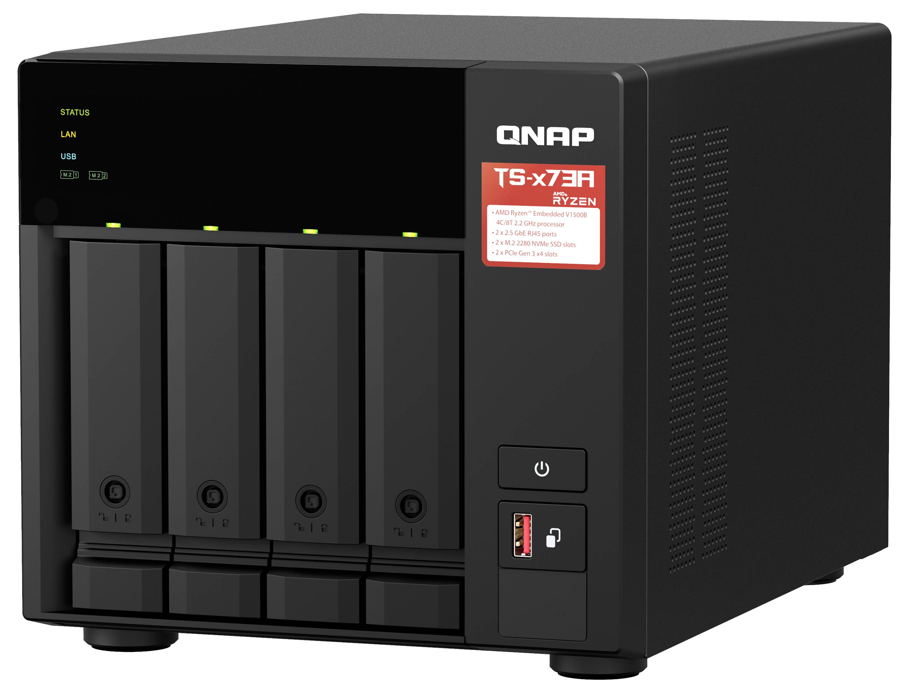 Svart QNAP TS-x73A skrivbords-NAS med fyra frontdrivschakt, statuslampor, strömknapp och frontal USB-port på höger sida.