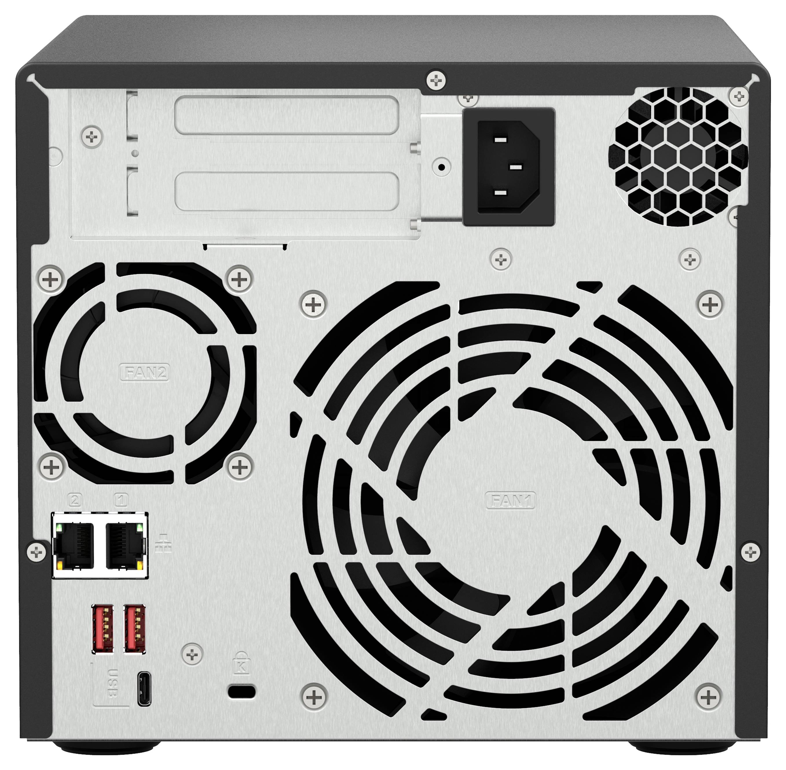 Bakpanel på en datorkällströmsenhet med AC-ingång, kylviftare och utmatningsportar inklusive två Ethernet-liknande uttag, två USB-portar och en liten laddningsport.
