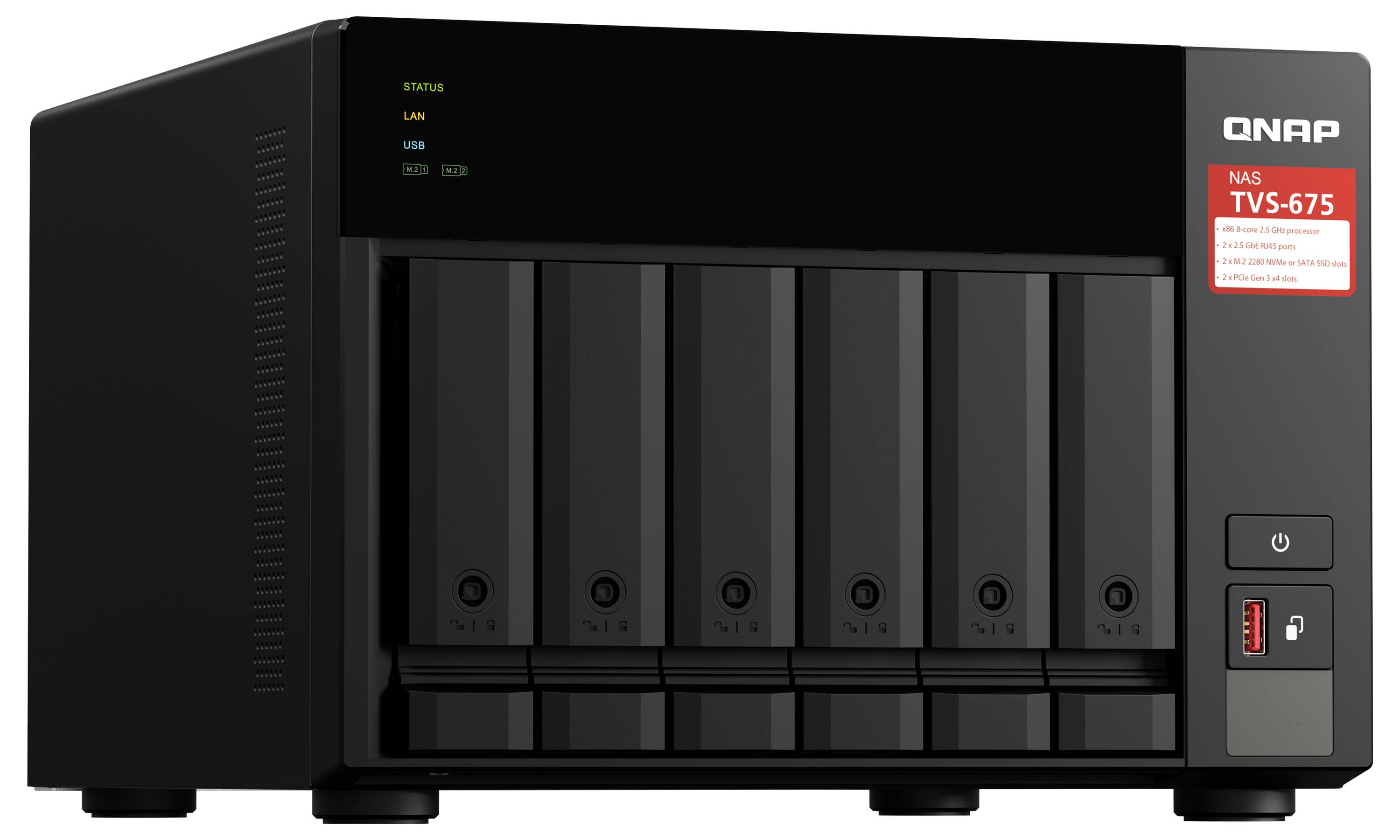 QNAP TVS-675 sexbays NAS-lagringsenhet med frontskuflor för enheter, statusindikatorer, USB-port och strömknapp.