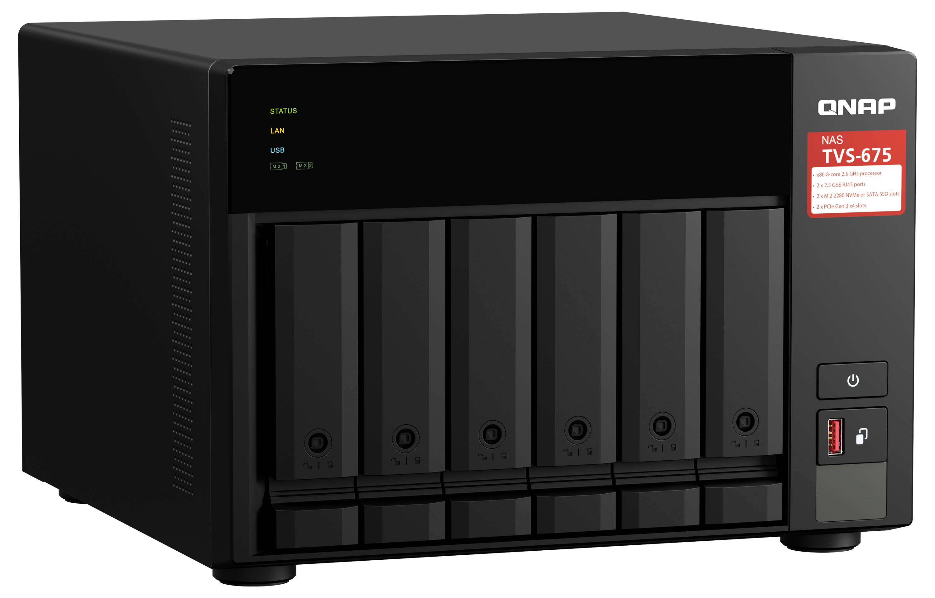 QNAP TVS-675 NAS-kapsling med sex diskettplatser, statuslampor och strömknapp på framsidan.
