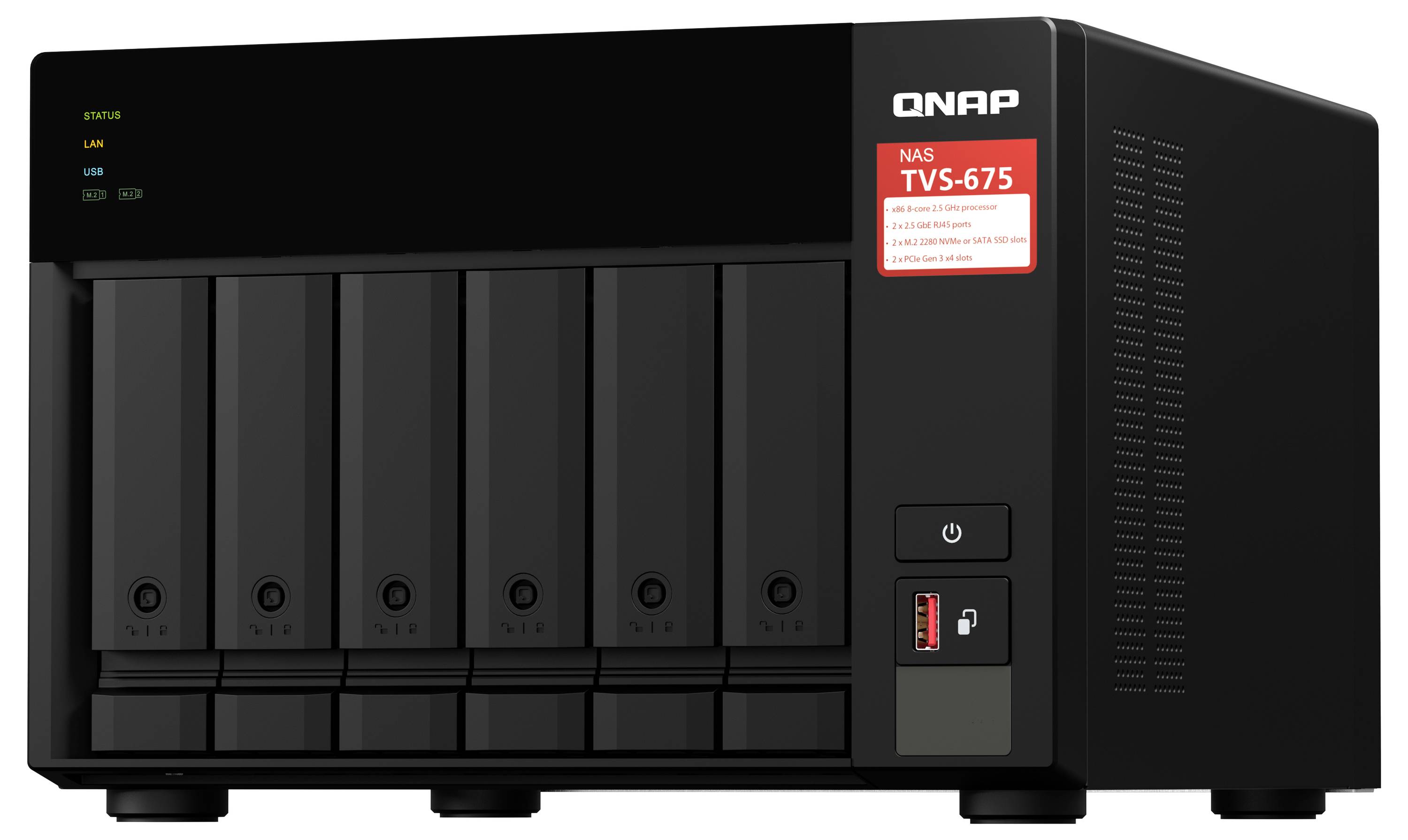 Frontvy av en QNAP TVS-675 NAS-hölje med sex drivenheter, statusljus, strömknapp och USB-port på frontpanelen.